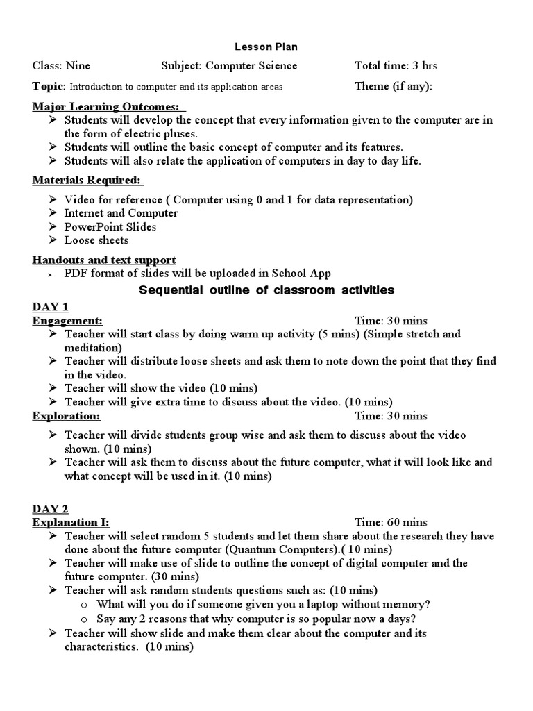 Lesson Plan (Introduction To Computer and Its Applications) | PDF ...