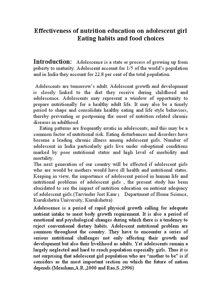 Effectiveness Of Nutrition Education Of Adolescent Girl Pdf