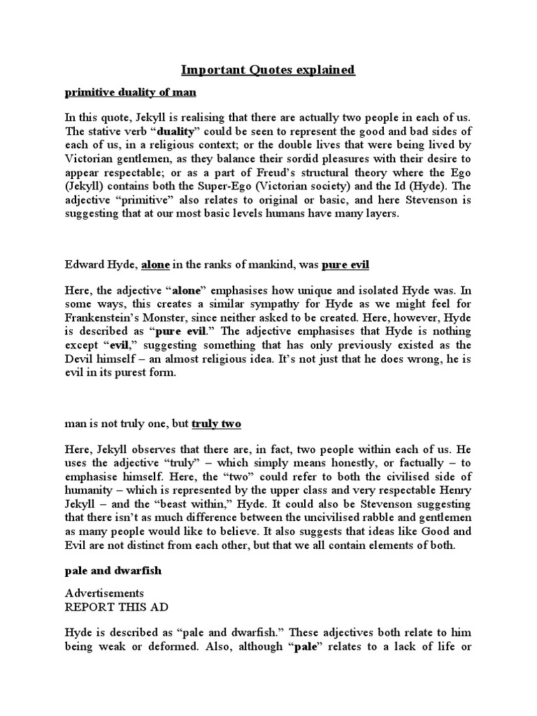 Important Quotes Explained - Jekyll N Hyde | PDF | Id | Strange Case Of ...
