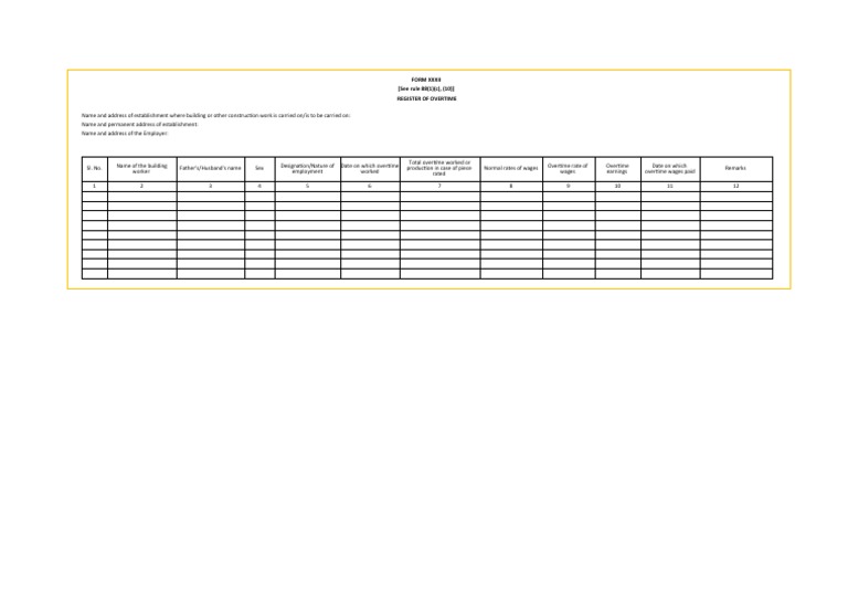 FORM XXXII (Register of Overtime | PDF