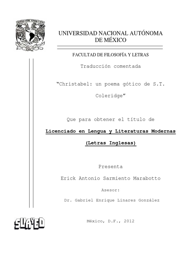 Traducción Comentada de Christabel Un Poema Gótico de S.T. Coleridge