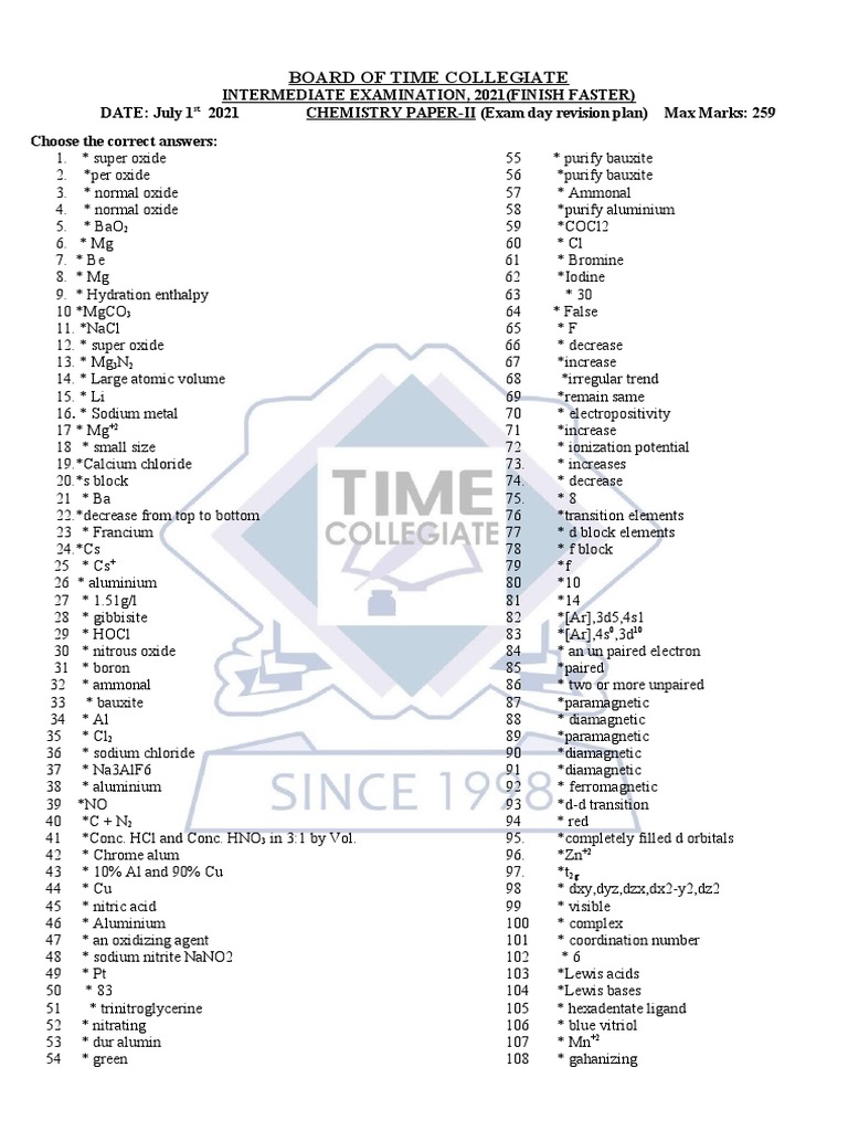 XII CHEMISTRY MCQs Answer Key | PDF | Aldehyde | Organic Chemistry