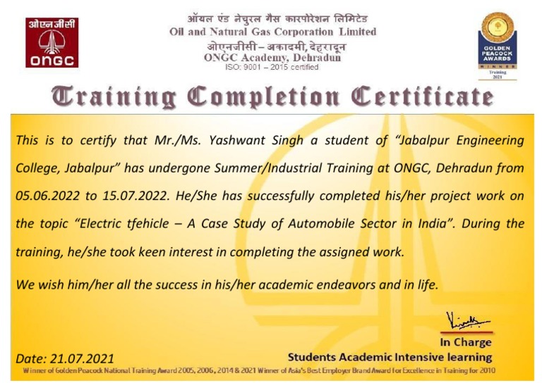 Certificate of Training at ONGC | PDF