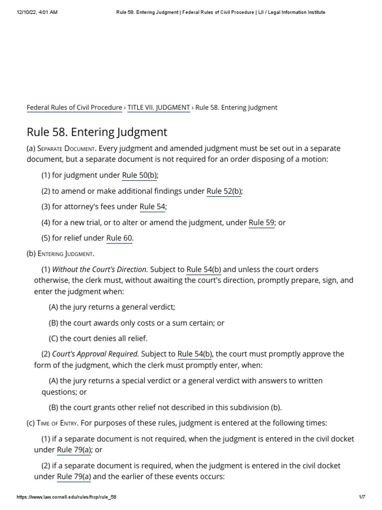 Rule 58. Entering Judgment Federal Rules of Civil Procedure LII Legal Information