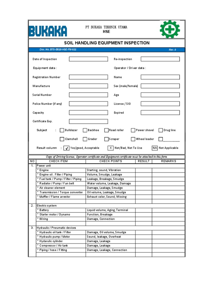 Checklist Excavator Atau Backhoe PDF Engines Brake