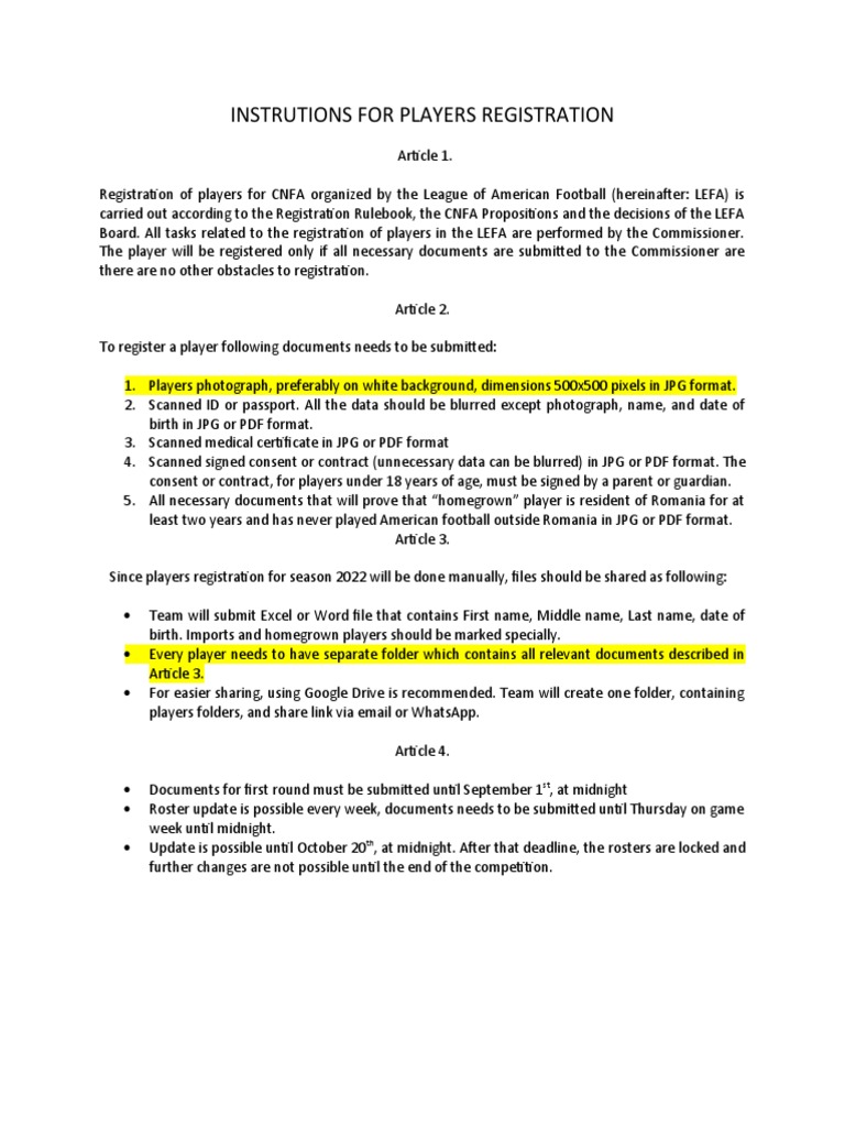 Player Registration Guidelines for LEFA | PDF