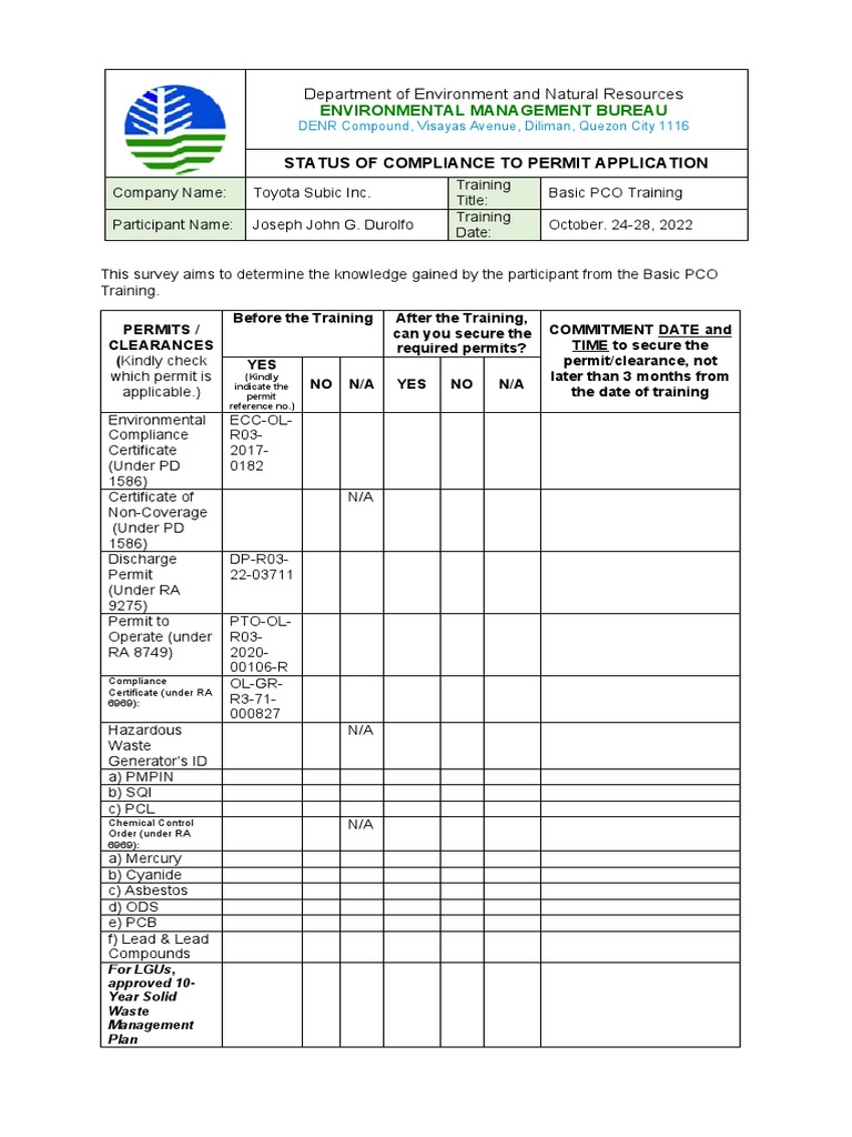 EMB - Survey Form - JOSEPH JOHN G. DUROLFO | PDF | Pollution ...
