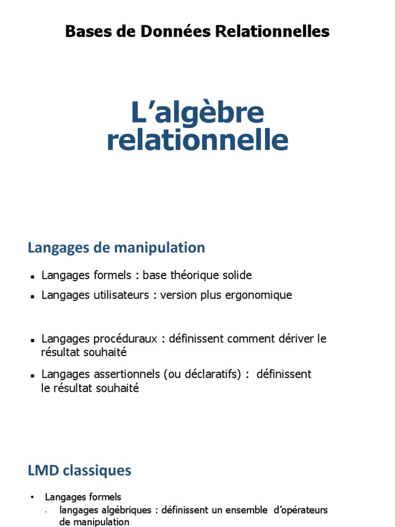 Algèbre Relationnelle et Opérations SQL | PDF | Bases de données ...