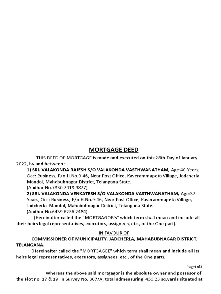 Mortgage Deed Of Venkatesh Pdf Mortgage Law Real Property Law