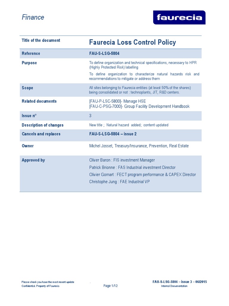 Faurecia Loss Control Policy Overview | PDF | Fire Safety | Fire Sprinkler System