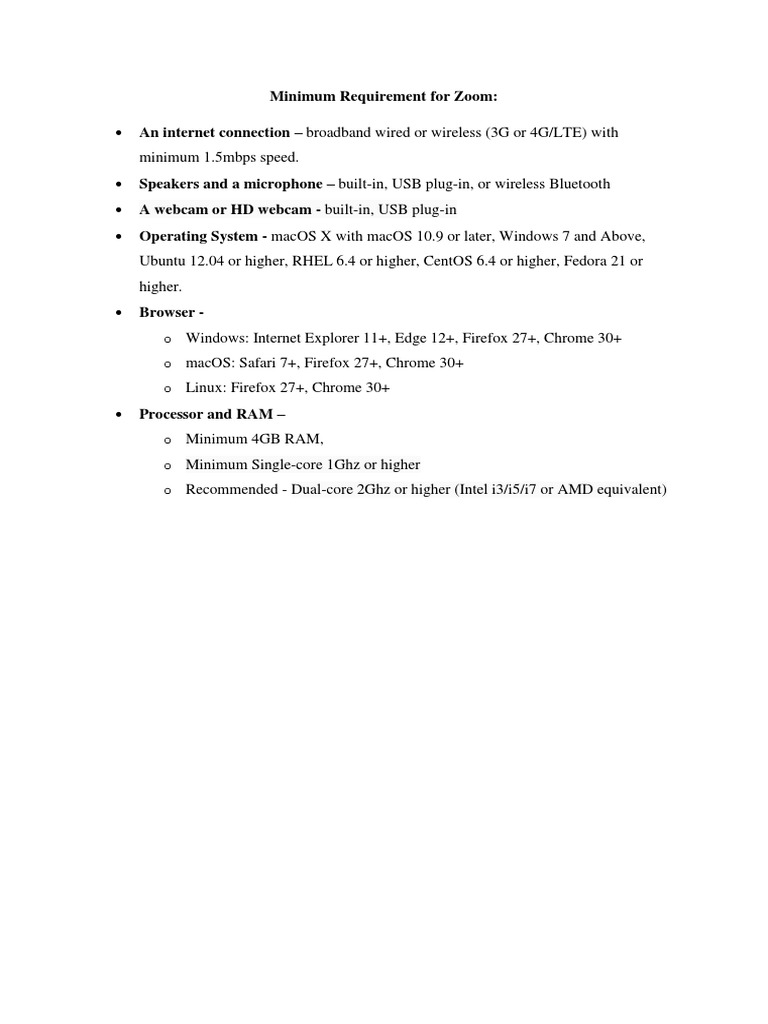 Minimum Requirement For Zoom Call | PDF