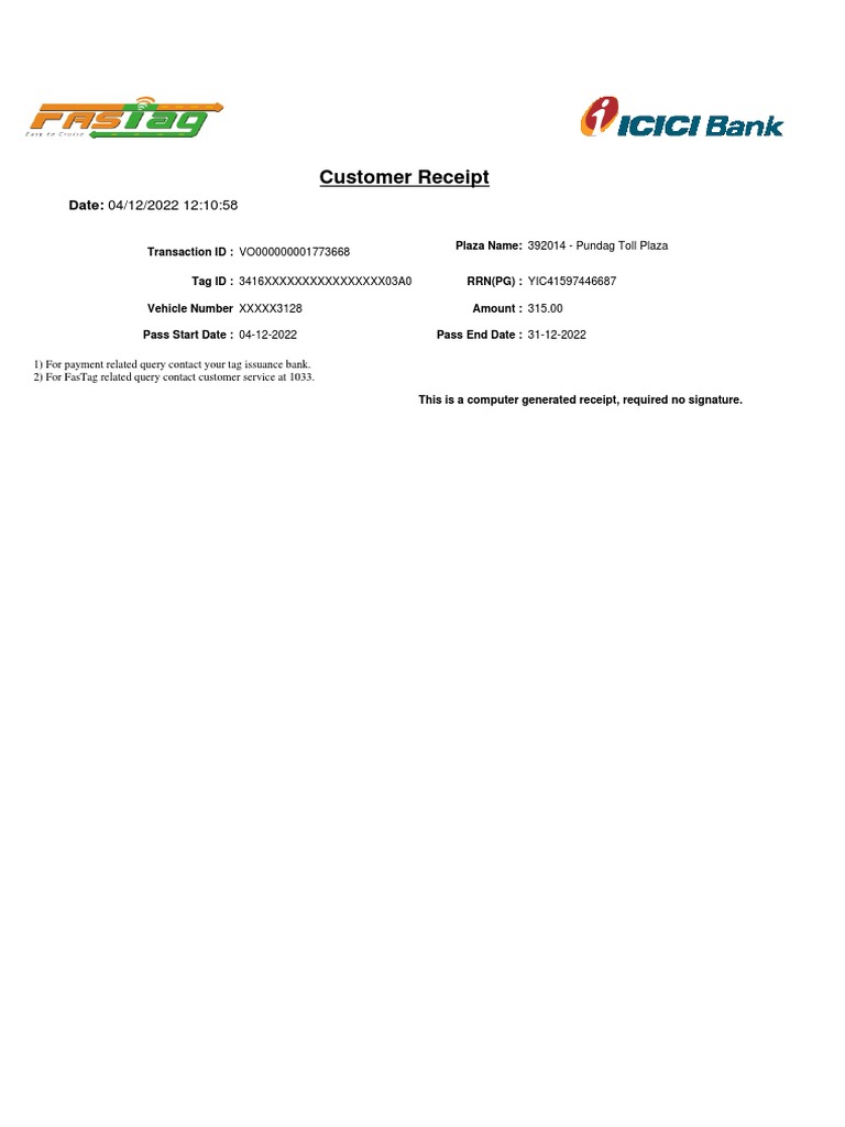 Pundag Toll Plaza Fastag Receipt | PDF