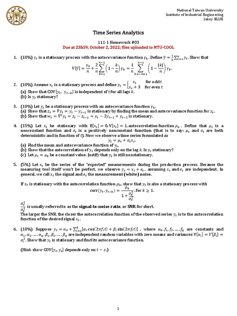 Time Series Analysis Homework | PDF | Stationary Process | Autocorrelation