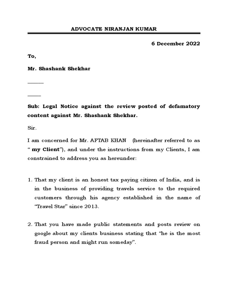 Notice Demanding Retraction and Apology for Defamatory Online Reviews