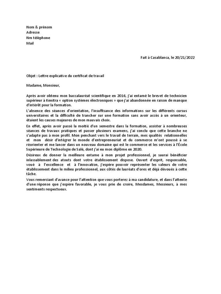 Lettre Explicative Document Pdf