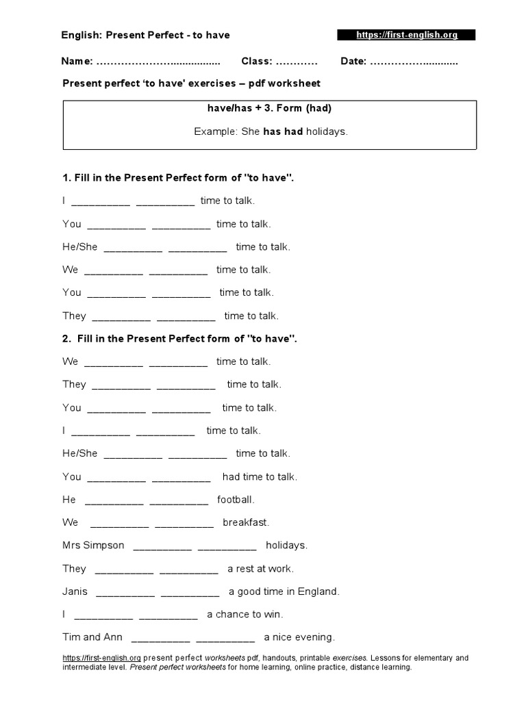 Present Perfect 10 To Have Worksheet | PDF