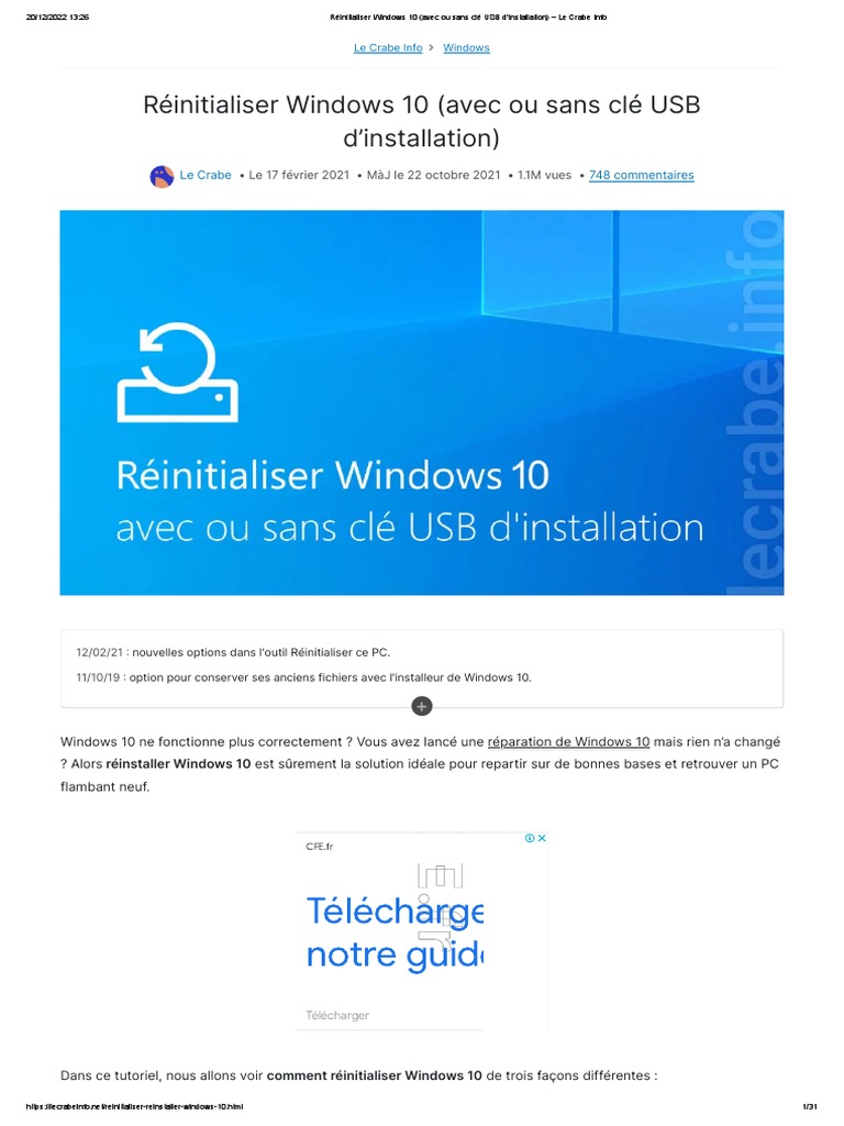 Réinitialiser Windows 10 (Avec Ou Sans Clé USB D'installation