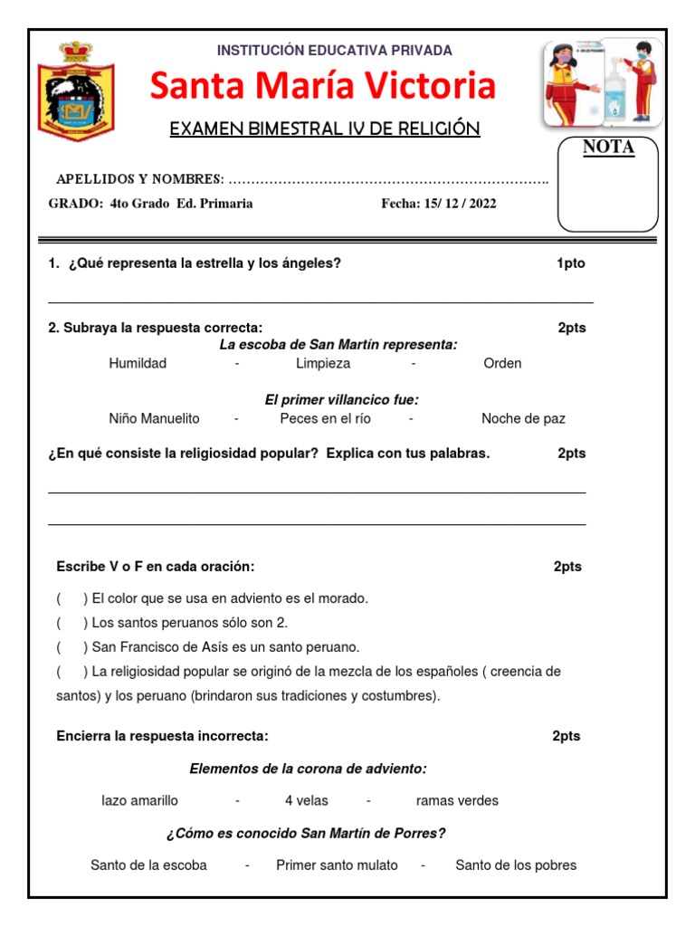 Examen bimestral de religión sobre tradiciones y santos peruanos | PDF ...