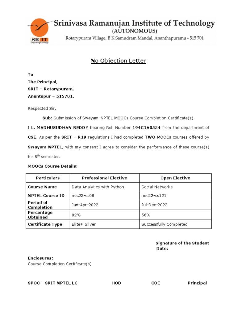 NPTEL Course Completion Letter Template PDF