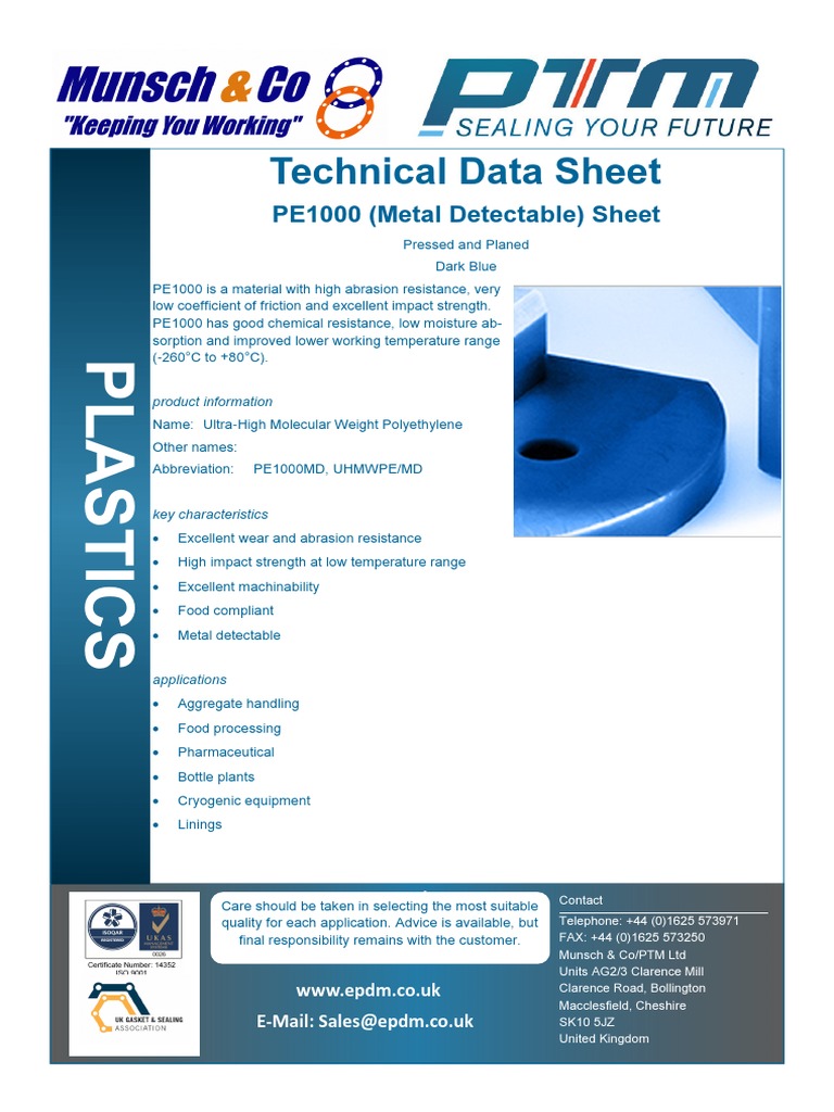 Metal Detectable PE1000 Properties Sheet | PDF | Applied And ...