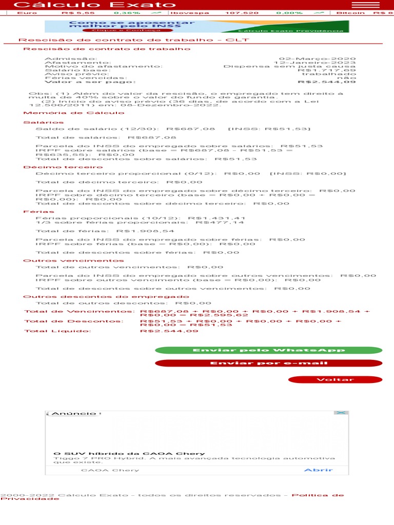 Cálculo Exato - Resultado de Rescisão de Contrato de Trabalho - CLT ...