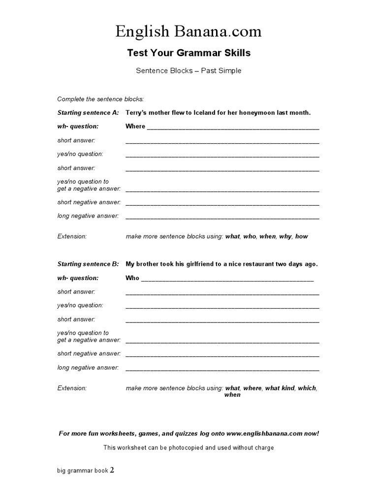 Sentence Blocks Past Simple | PDF