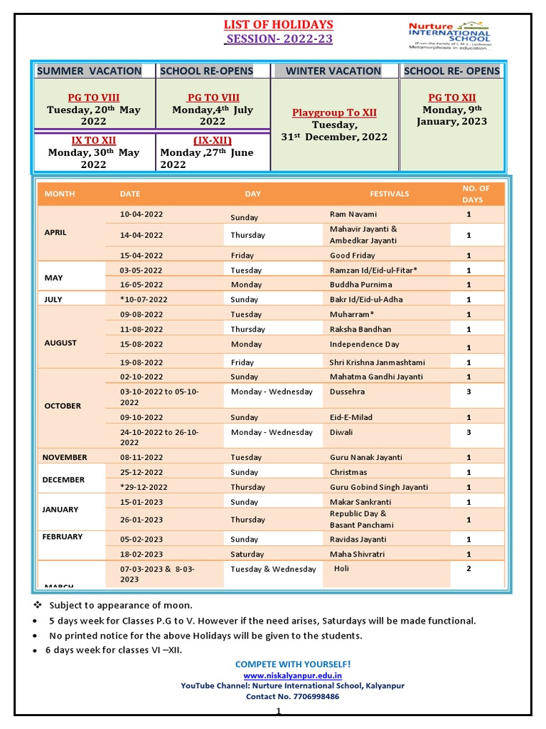 List Of Holidays 2022 23 PDF Hindu Worship Public Holiday