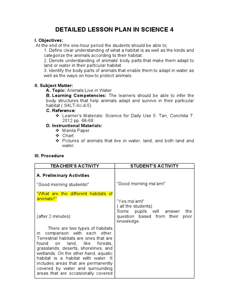 Detailed Lesson Plan in Science 4 PDF Habitat Lesson Plan