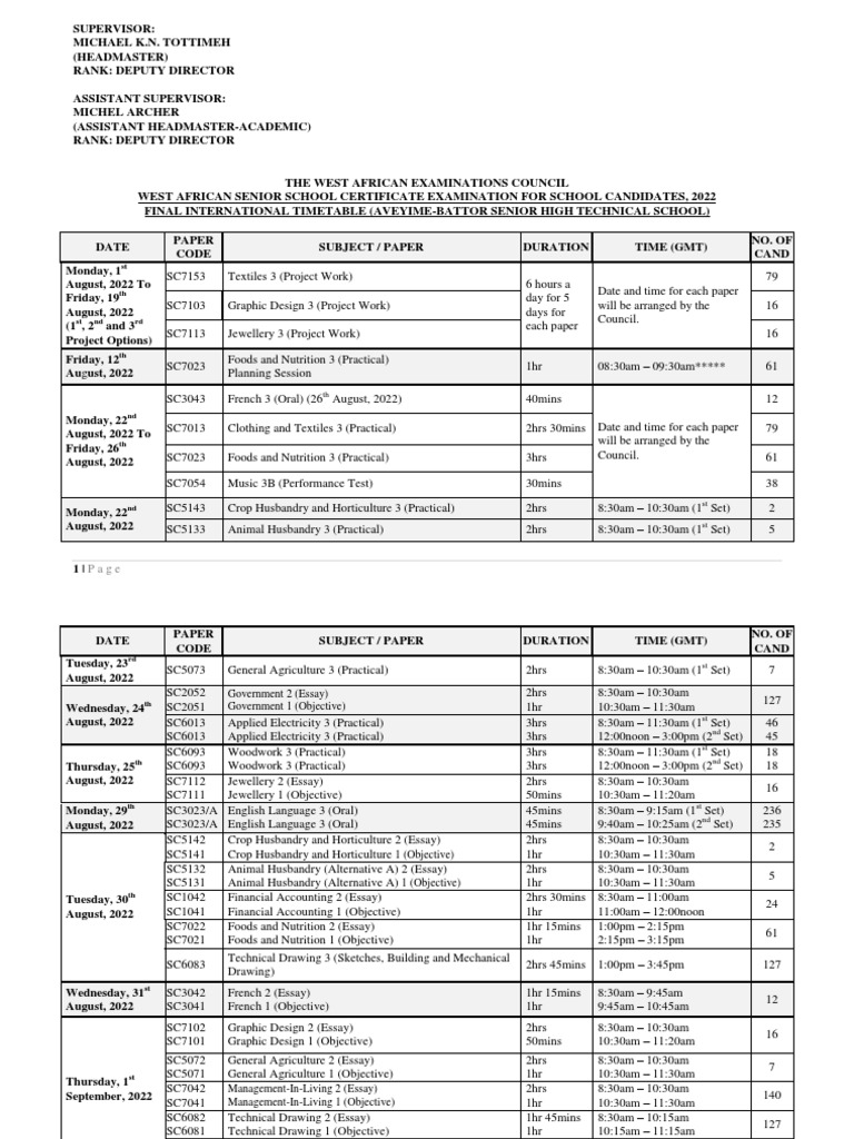 2022 Wassce Timetable May 2022 Pdf