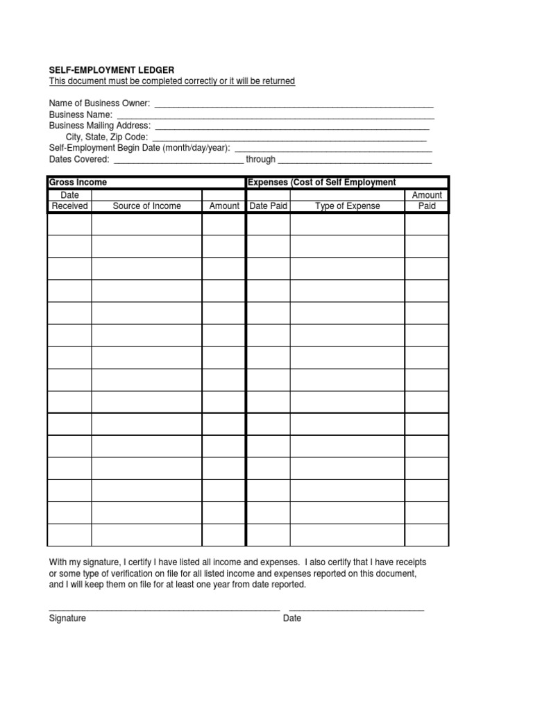Self-Employment Ledger Template | PDF