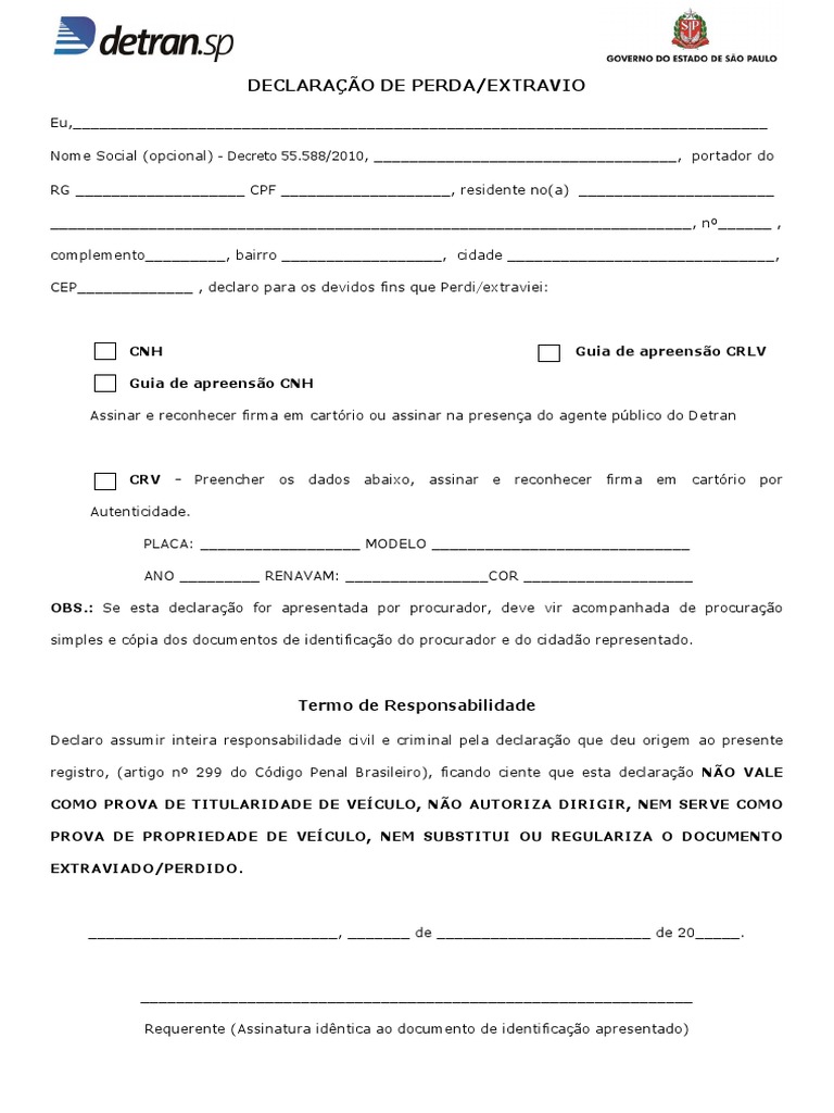 Declaração de Perda e Extravio de Documentos | PDF