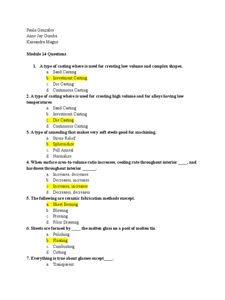 MatSci Module-14 Questions | PDF | Glasses | Casting