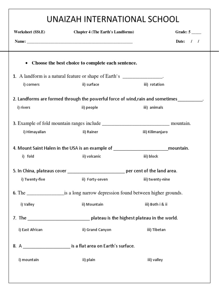 Major Landforms Worksheet for Grade 5 | PDF | Mountains | Plateau