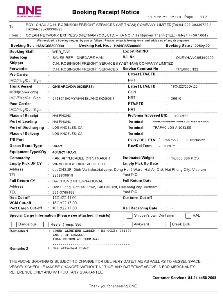 Vinabridge Dinh Vu Depot Booking Details | PDF | Cargo | Economies