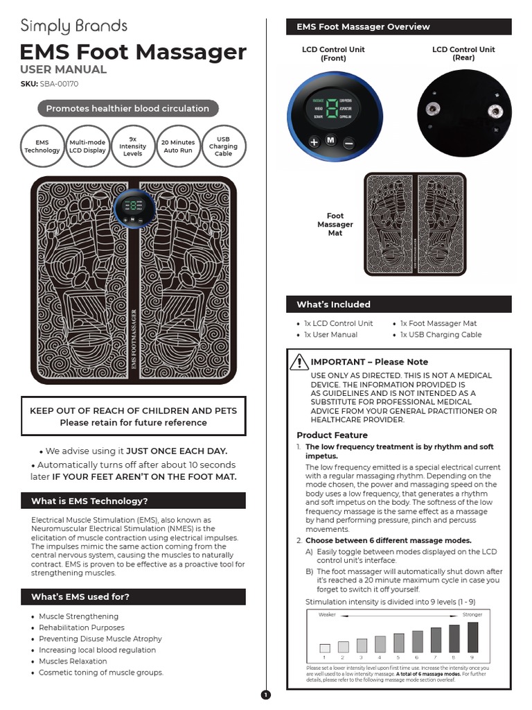 EMS Foot Massager User Manual | PDF | Massage | Clinical Medicine
