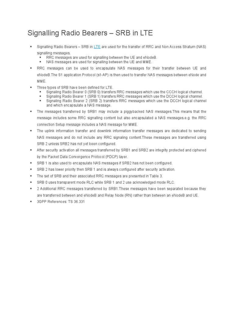 Signalling Radio Bearers SRB in LTE PDF Computer Engineering