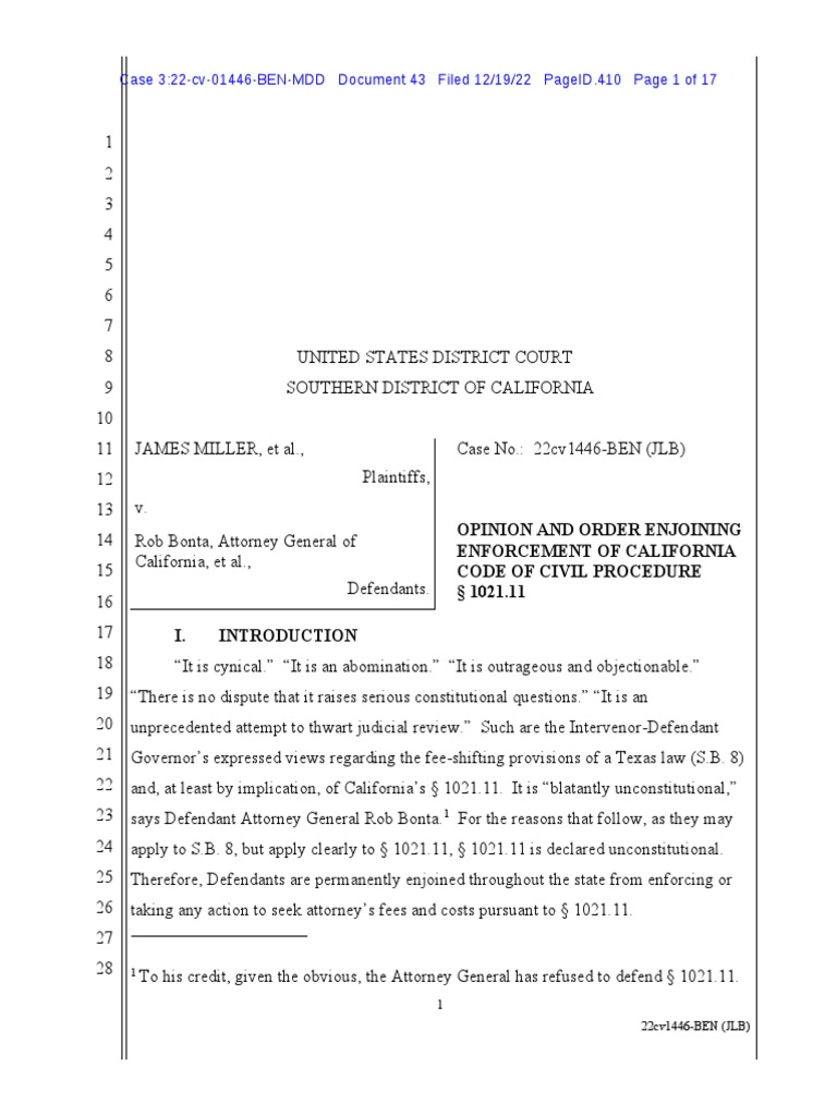 Opinion and order enjoining enforcement of california code of civil