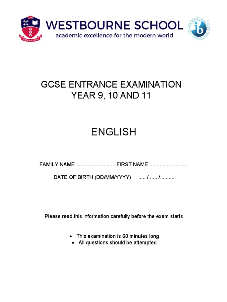 GCSE English Entrance Exam 2019 PDF