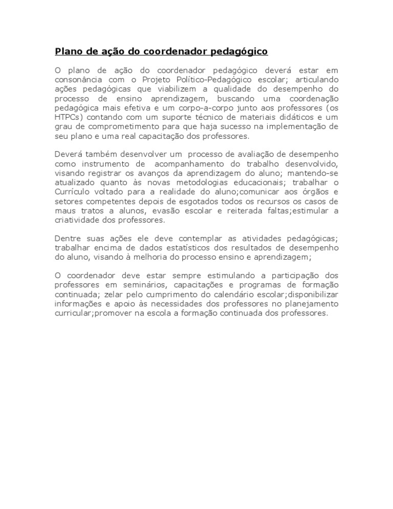 Plano de Ação do Coordenador Pedagógico | PDF