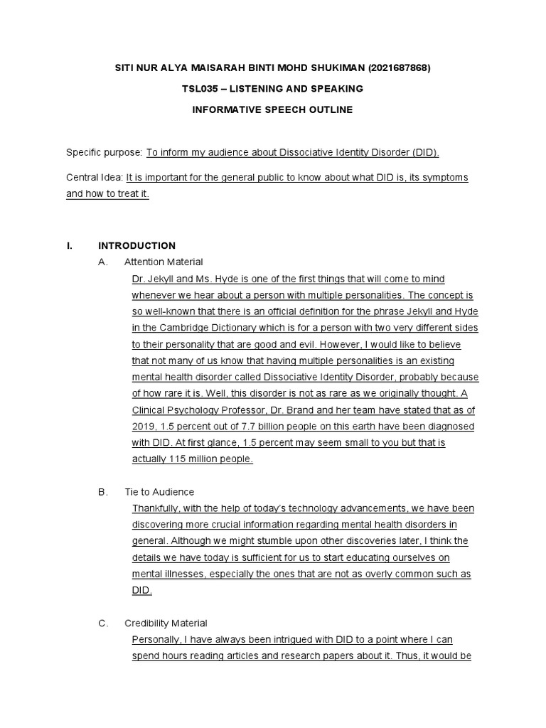 Informative Speech Outline Asasi Tesl Uitm Lns Assignment Pdf