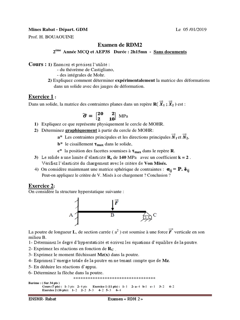 Examen RDM2 : Théorèmes et Exercices | PDF