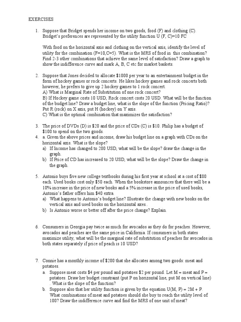 Cons Behavior (Exercises) | PDF | Utility | Economic Theories