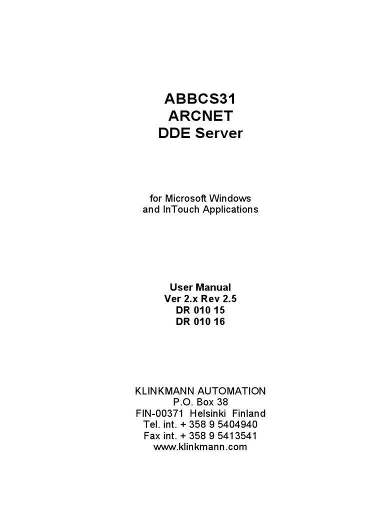 Abbcs31 Arcnet Dde Server: For Microsoft Windows and Intouch ...