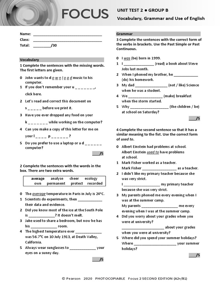 Focus2 2e Unit Test Vocabulary Grammar Uoe Unit2 Groupb Pdf