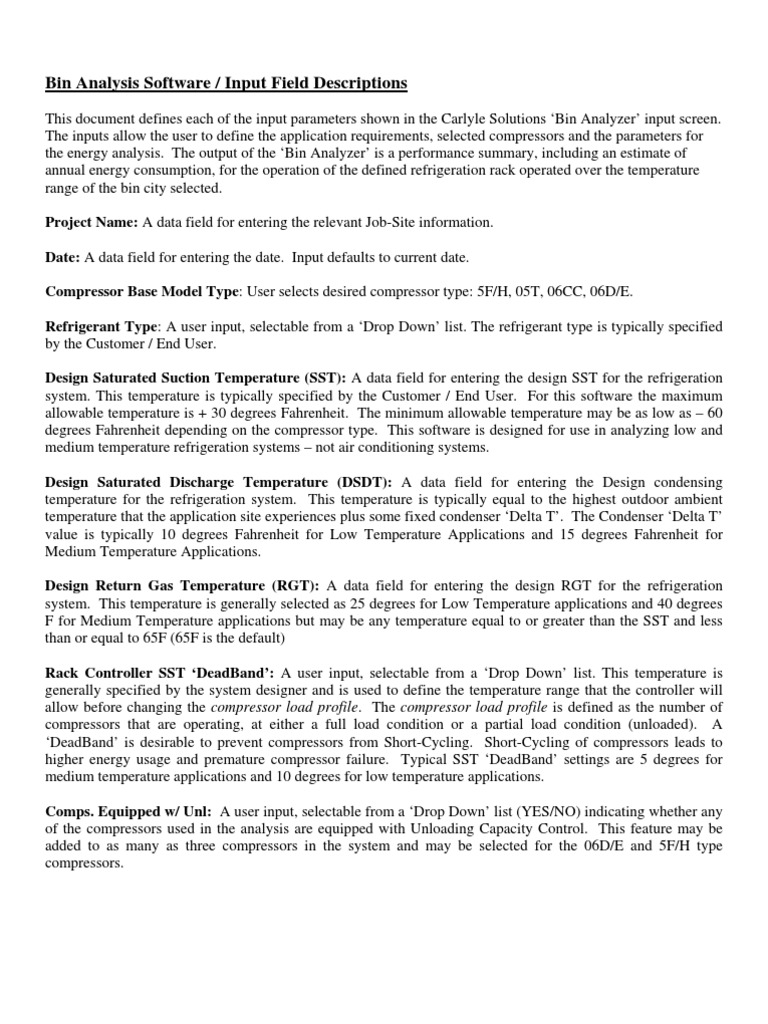 Bin Analysis Software / Input Field Descriptions PDF Gas Compressor