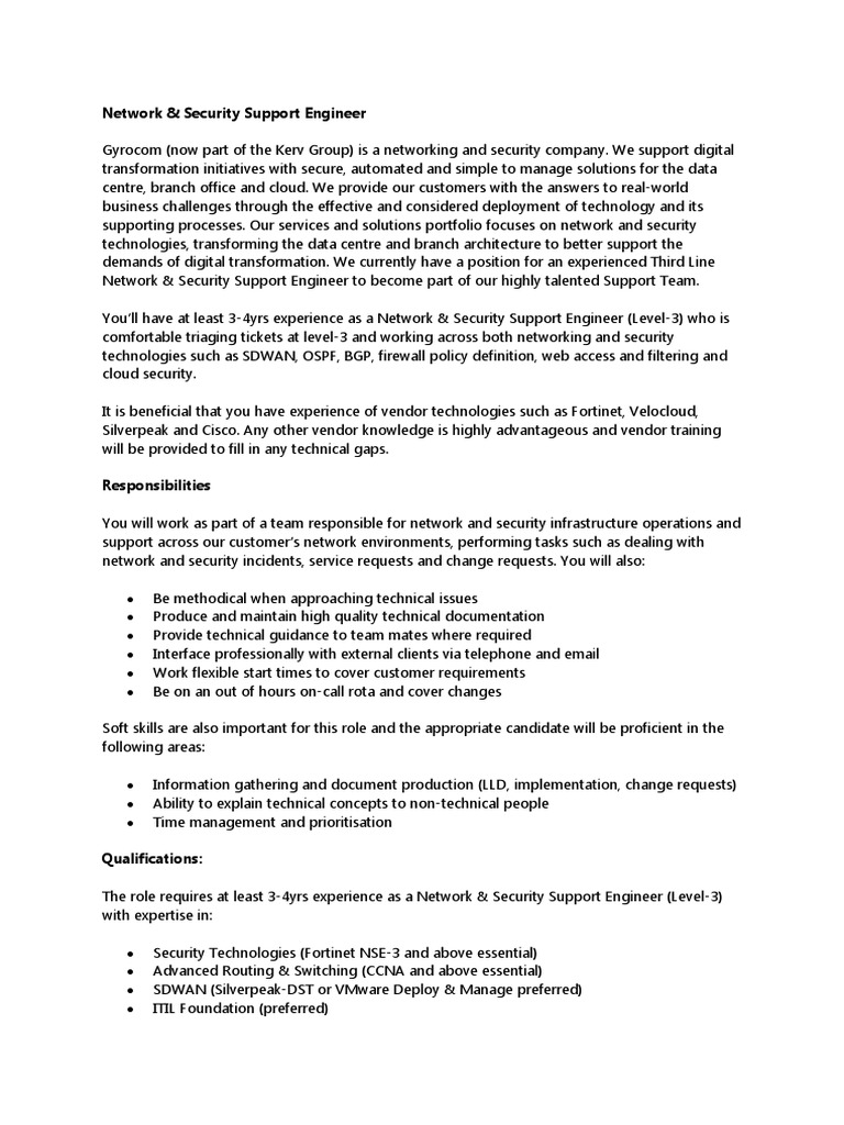 L3 Network & Security Engineer Role at Gyrocom | PDF | Computer Network ...