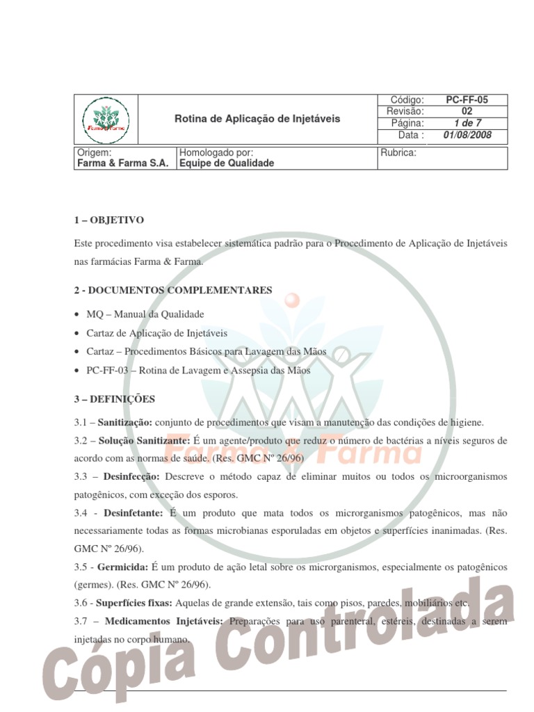 Procedimento de Aplicação de Injetáveis | PDF | Farmacêutico | Droga ...