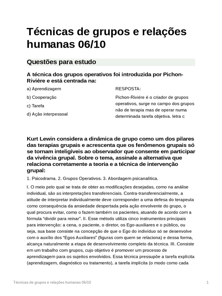 Grupos Operativos e Dinâmica de Grupo | PDF | Aprendizado | Conceitos ...