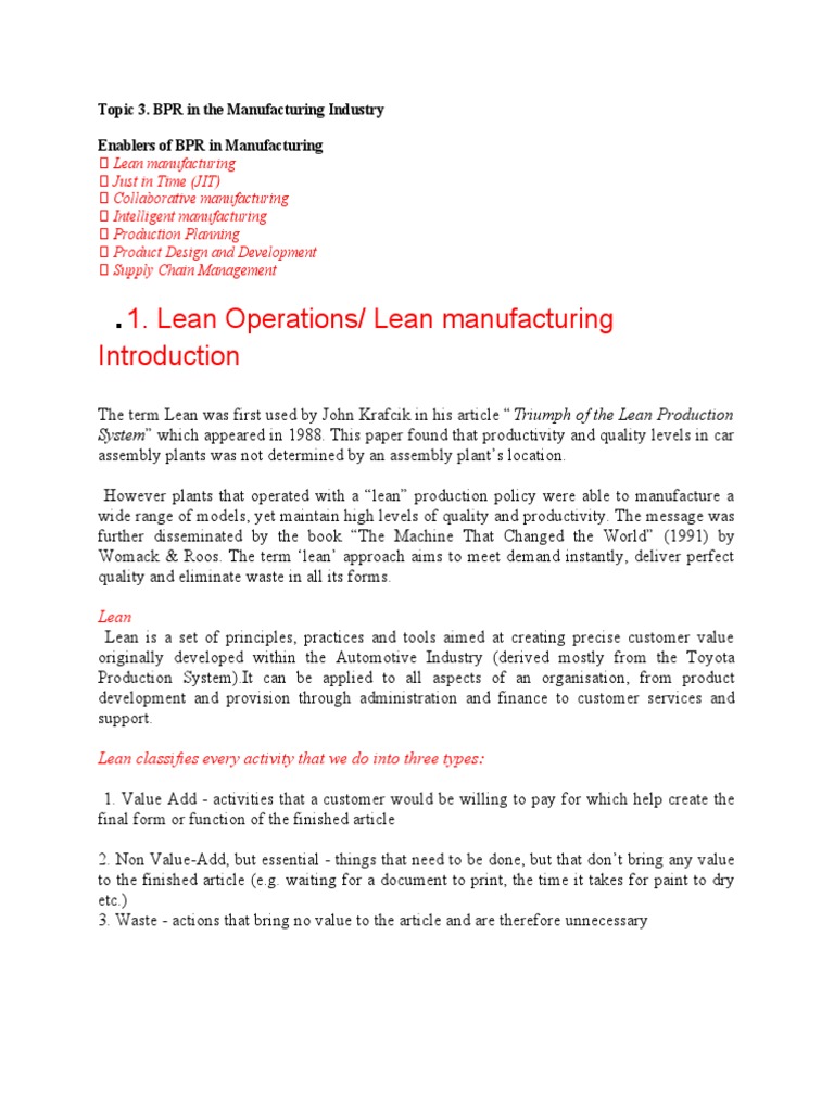 Topic 3 BPR in Manufaturing Industry | PDF | Lean Manufacturing ...