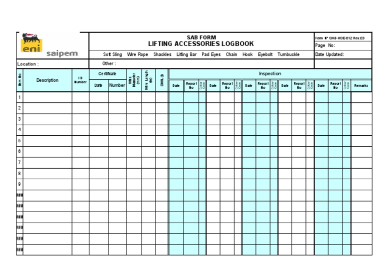 Lifting Accessories Logbook Form | PDF | Manufactured Goods | Equipment
